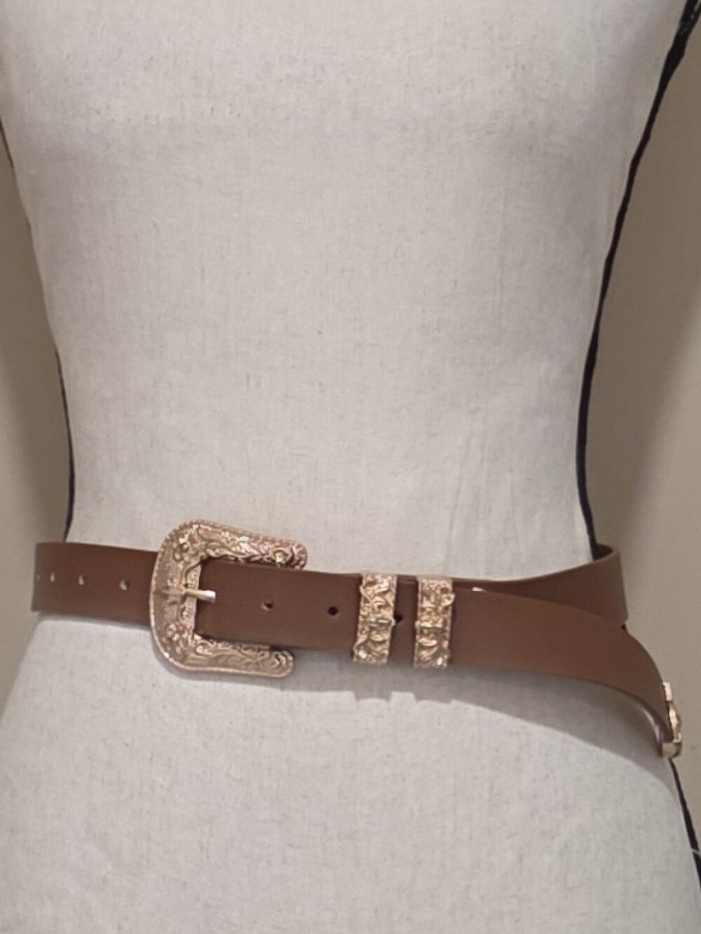 Faux Leather Western-Style Country Cowgirl Belt with Gold Buckle - Brown